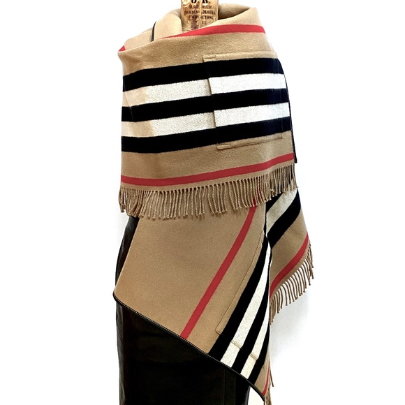 Burberry Wool & Cashmere Blend Icon Stripe Pocket Cape With Leather Trim… - Picture 10 of 15